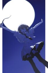 Rule 34 | 1girl, arms up, backlighting, black thighhighs, blue sky, broken, brown hair, capelet, closed eyes, commentary, facing viewer, fang, feet out of frame, folded ponytail, full moon, hai (haihki), highres, holding, holding pointer, looking at viewer, moon, moonlight, necktie, night, open mouth, outside border, pillarboxed, pointer, red necktie, shirt, short hair, short sleeves, skin fang, skirt, sky, smile, solo, star (sky), subarashiki hibi, symbol-only commentary, tachibana kimika, thighhighs, white capelet, white shirt, white skirt