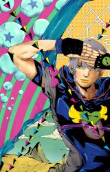 Rule 34 | 1boy, absurdres, black gloves, closed mouth, cloud, fingerless gloves, fishing hook, gloves, green eyes, grey hair, hair ornament, hands up, highres, hood, hood down, jodio joestar, jojo no kimyou na bouken, knew nothing, looking at viewer, male focus, map, short hair, short sleeves, soap bubbles, solo, star (symbol), star hair ornament, the jojolands