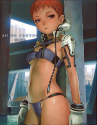 Rule 34 | 1girl, absurdres, ao no roku-gou, bikini, blue bikini, breasts, cable, cover, cowboy shot, dvd cover, gloves, headphones, highres, kino mayumi, looking at viewer, murata range, navel, official art, pillar, pillow, red eyes, red hair, ruins, scan, short hair, small breasts, solo, source request, strapless, swimsuit, tube top, underboob, wading, water, wet, white gloves, zipper