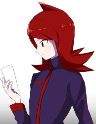 Rule 34 | 1boy, absurdres, black eyes, closed mouth, commentary request, cowlick, creatures (company), game freak, gutchi (ggg1234714), highres, holding, jacket, long hair, long sleeves, looking down, male focus, nintendo, pokemon, pokemon hgss, purple jacket, red hair, silver (pokemon), smile, solo, turtleneck, turtleneck jacket, upper body, white background
