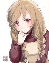 Rule 34 | 1girl, apron, braid, breasts, cloud hair ornament, kantai collection, kimura shiki, light brown hair, long hair, long sleeves, minegumo (kancolle), official alternate costume, red eyes, red shirt, shirt, small breasts, solo, turtleneck, twin braids, upper body