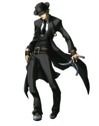 Rule 34 | 1boy, arc system works, balisong, belt, blazblue, chain, coat, faceless, faceless male, fingerless gloves, formal, full body, gloves, green hair, hat, hazama, highres, katou yuuki, knife, male focus, necktie, official art, pants, shoes, short hair, simple background, smile, solo, standing, suit, trench coat, weapon, white background