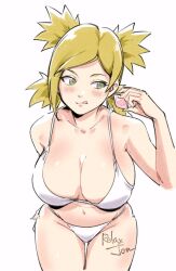 Rule 34 | 1girl, arm behind back, bikini, blonde hair, blush, breasts, cleavage, closed mouth, condom, cowboy shot, green eyes, hand up, holding, holding condom, large breasts, licking lips, naruto, naruto (series), navel, parted bangs, quad tails, relaxjon, sideways glance, simple background, solo, string bikini, swimsuit, temari (naruto), thigh gap, tongue, tongue out, white background, white bikini