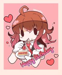 Rule 34 | 1girl, ahoge, arashi (kancolle), black vest, bloom2425, cake, commentary request, dress shirt, eating, food, fork, fruit, gloves, happy birthday, heart, highres, kantai collection, looking at viewer, neckerchief, red hair, red neckerchief, school uniform, shirt, solid oval eyes, solo, strawberry, strawberry shortcake, upper body, vest, white gloves, white shirt