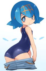 Rule 34 | 10s, 1girl, ass, bare shoulders, blue eyes, blue hair, blunt bangs, blush, child, clothes pull, creatures (company), female focus, flat chest, game freak, hairband, karukan (monjya), lana (pokemon), looking at viewer, looking back, nintendo, npc trainer, one-piece swimsuit, pants, pants pull, pokemon, pokemon (anime), pokemon sm, pokemon sm (anime), simple background, solo, standing, swimsuit, trial captain, white background