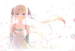 Rule 34 | 1girl, 6u (eternal land), absurdres, bare shoulders, blonde hair, blue eyes, blush, bow, breasts, bubble, character name, closed mouth, collarbone, dress, fang, floating hair, highres, long hair, looking at viewer, petals, saenai heroine no sodatekata, sawamura spencer eriri, scan, simple background, small breasts, smile, solo, standing, twintails, upper body, white background