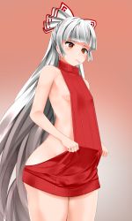 Rule 34 | 1girl, absurdres, bow, braco, breasts, cowboy shot, fujiwara no mokou, hair bow, highres, long hair, meme attire, red eyes, sideboob, silver hair, small breasts, solo, thighs, toothpick, touhou, very long hair, virgin killer sweater, wide hips
