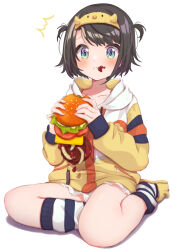 Rule 34 | 1girl, :t, ^^^, alternate costume, black hair, blue eyes, blush, burger, closed mouth, collarbone, drawstring, eating, food, food on face, full body, hairband, highres, holding, holding burger, holding food, hololive, hood, hood down, hooded jacket, hoodie, jacket, long sleeves, looking at viewer, multicolored clothes, multicolored jacket, official alternate costume, official alternate hairstyle, oozora subaru, oozora subaru (loungewear), short hair, simple background, sitting, socks, solo, striped clothes, striped socks, suzushika (13 96), swept bangs, thighs, two side up, virtual youtuber, white background, yellow hairband, yellow jacket
