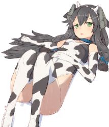 Rule 34 | 1girl, alchera, animal ears, black hair, cow ears, cow horns, fake animal ears, fake horns, fingerless gloves, gloves, green eyes, hair ribbon, headgear, highleg, highleg swimsuit, horns, i-47 (kancolle), kantai collection, long hair, low-tied long hair, one-piece swimsuit, ribbon, sidelocks, simple background, solo, swimsuit, thighhighs, tress ribbon, white background, white gloves, white one-piece swimsuit, white thighhighs