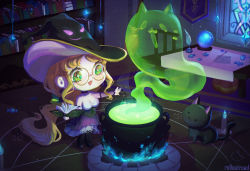Rule 34 | 1girl, belt, blonde hair, book, bookshelf, bow, bowtie, breasts, cat, cauldron, chibi, cleavage, crystal, crystal ball, dress, earrings, fingerless gloves, fire, flower, flower earrings, flower hair ornament, glasses, gloves, green eyes, hat, highres, jewelry, long hair, looking at viewer, magic, nail polish, personification, purple dress, purple nails, roll out road, rose, ruby cinderbrooke, smoke, solo, table, thighhighs, very long hair, virtual youtuber, witch, witch hat