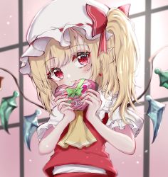 Rule 34 | 1girl, absurdres, ascot, blonde hair, blurry, blush, box, closed mouth, crystal, depth of field, flandre scarlet, gift, hands up, hat, heart-shaped box, highres, holding, holding box, holding gift, indoors, kayon (touzoku), long hair, mob cap, one side up, pink background, puffy short sleeves, puffy sleeves, red eyes, red skirt, red vest, short sleeves, simple background, skirt, slit pupils, solo, touhou, upper body, vest, white hat, window, wings, yellow ascot