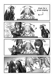 Rule 34 | 3girls, 4koma, absurdres, ahoge, ankoku kishi m, antenna hair, blue archive, book, choker, collarbone, comic, commentary request, english text, feathered wings, greyscale, hair between eyes, halo, hasumi (blue archive), hat, head wings, highres, holding, holding book, koharu (blue archive), long hair, long sleeves, looking at another, monochrome, multiple girls, pleated skirt, school uniform, serafuku, sidelocks, skirt, speech bubble, squiggle, sweat, nervous sweating, translation request, tsurugi (blue archive), twintails, wings