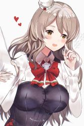 Rule 34 | 1girl, 1other, bodice, bow, bowtie, breasts, brown eyes, commentary request, commission, grey hair, hat, highres, kantai collection, large breasts, mini hat, open mouth, pixiv commission, pola (kancolle), qqqmei, red bow, red bowtie, shirt, simple background, tilted headwear, upper body, wavy hair, white background, white shirt