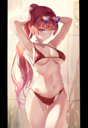 Rule 34 | 1girl, armpits, bare shoulders, bathroom sign, bikini, blush, breasts, cleavage, eyewear on head, hands on own head, heart, heart-shaped eyewear, heterochromia, highres, hololive, houshou marine, houshou marine (summer), large breasts, long hair, looking at viewer, navel, no eyepatch, official alternate costume, plant, ponytail, potted plant, red bikini, red eyes, red hair, sign, smile, solo, sunglasses, swimsuit, tile wall, tiles, virtual youtuber, yellow eyes, yuiko 0421
