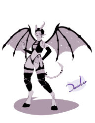 Rule 34 | 1girl, bat wings, black sclera, colored sclera, dazol, demon, demon girl, demon horns, demon tail, demon wings, flat chest, hooves, horns, leather, leather pants, monochrome, narrow waist, navel, original, pants, pointy ears, short hair, demon girl, tail, thick thighs, thighs, wide hips, wings