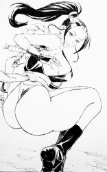 Rule 34 | 1girl, ass, ass focus, breasts, cleavage, fatal fury, highres, huge ass, large breasts, long hair, looking back, masu kikuti, monochrome, ponytail, shiranui mai, sideboob, sleeveless, the king of fighters, thong
