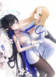 Rule 34 | 2girls, absurdres, ayumu (blue archive), bare shoulders, black hair, black pantyhose, blonde hair, blue archive, blue eyes, blue hair, blue necktie, blush, breast press, breasts, closed mouth, colored inner hair, dong ji, dress, earrings, feathered wings, forehead jewel, gloves, green eyes, halo, highres, jewelry, large breasts, long hair, long sleeves, looking at another, looking at viewer, low wings, multicolored hair, multiple girls, necktie, pantyhose, parted bangs, pointy ears, rin (blue archive), sideboob, simple background, very long hair, white background, white dress, white gloves, wings