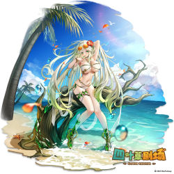 Rule 34 | 1girl, absurdres, arm behind head, armpits, arms up, bare shoulders, beach, bikini, bird, blue gemstone, blue sky, bracelet, branch, breasts, character request, chinese commentary, choker, cleavage, cloud, clover theater, commentary request, day, eyewear on head, flower, full body, gem, gradient hair, green eyes, green gemstone, green hair, hair flower, hair ornament, halterneck, highres, jewelry, large breasts, lens flare, logo, long hair, looking at viewer, meion, multicolored hair, navel, ocean, official art, palm tree, shadow, side-tie bikini bottom, sidelocks, sitting, sky, solo, starfish, stomach, sunglasses, swimsuit, thigh strap, thighlet, tree, two-tone hair, underboob, very long hair, white bikini, white hair