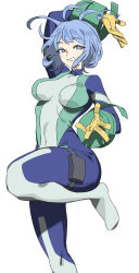 1girl absurdres blue_eyes blue_hair bodysuit boku_no_hero_academia breasts curly_hair gloves grin hado_nejire highres leg_up looking_at_viewer medium_breasts rasupekuto short_hair simple_background smile solo white_background yellow_gloves