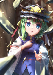 Rule 34 | 1girl, asymmetrical hair, black hat, black skirt, blue eyes, blue vest, bow, breasts, buttons, commentary request, epaulettes, frilled hat, frills, green hair, hat, long sleeves, looking at viewer, medium hair, open mouth, red bow, shiki eiki, shirt, skirt, sleeve bow, small breasts, solo, touhou, upper body, vest, white bow, white shirt, wide sleeves, yakkyokuya