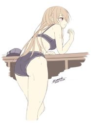 Rule 34 | 10s, 1girl, ass, bare arms, bare legs, bikini, bismarck (kancolle), black bikini, blonde hair, blue eyes, breasts, cowboy shot, elbow rest, female focus, flat color, from behind, hat, unworn hat, unworn headwear, kantai collection, leaning forward, long hair, looking away, medium breasts, parted lips, peaked cap, sketch, solo, swimsuit, thighs, white background, xe (execut3r)