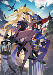 Rule 34 | 2girls, :o, arm garter, arm support, bare shoulders, bird, black footwear, black gloves, black hair, black pantyhose, black ribbon, black thighhighs, blonde hair, blue capelet, blue headwear, boots, breasts, building, capelet, castle, cloud, detached sleeves, eyepatch, falling feathers, feathers, fischl (genshin impact), floating hair, frilled garter, full body, garter straps, genshin impact, gloves, green eyes, hair ribbon, hand up, hat, high heels, legs, leotard, looking at viewer, magic circle, medium breasts, mona (genshin impact), multiple girls, outdoors, oz (genshin impact), pantyhose, parted lips, purple thighhighs, ribbon, scottie (phantom2), single leg pantyhose, single thighhigh, sitting, sky, thigh boots, thighhighs, thighs, two side up, v, witch hat