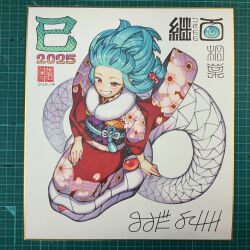 1girl 2025 blue_hair chinese_zodiac commentary_request floral_print floral_print_kimono fur_collar grin hair_bobbles hair_ornament hamada_yoshikazu highres japanese_clothes kimono kiriha_(tsugumomo) long_hair long_sleeves looking_at_viewer obi photo_(medium) pointy_ears red_eyes revision sash seiza shikishi signature simple_background sitting smile snake solo traditional_media tsugumomo white_background white_snake wide_sleeves year_of_the_snake