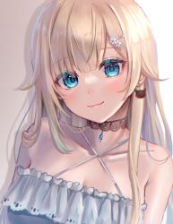 Rule 34 | 1girl, aizawa ema, bare shoulders, blonde hair, blue eyes, camisole, choker, commentary request, criss-cross halter, halterneck, head tilt, highres, long hair, looking at viewer, reityana, smile, solo, upper body, virtual youtuber, vspo!