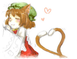 Rule 34 | 1girl, animal ears, bad id, bad pixiv id, brown hair, cat ears, cat girl, cat tail, chen, earrings, closed eyes, female focus, hat, heart, heart tail, jewelry, katsufuki, multiple tails, short hair, solo, tail, touhou
