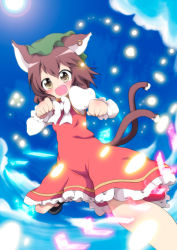 Rule 34 | 1girl, animal ears, brown eyes, brown hair, cat ears, cat girl, cat tail, chen, danmaku, day, earrings, fang, female focus, hat, jewelry, massala, multiple tails, outdoors, paw pose, short hair, sky, solo, tail, touhou