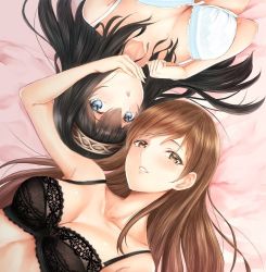 Rule 34 | 2girls, arm up, bare shoulders, black bra, black hair, blue eyes, blush, bra, breasts, brown eyes, brown hair, cleavage, collarbone, commentary request, hair between eyes, hairband, hand on another&#039;s chin, idolmaster, idolmaster cinderella girls, irohakaede, lace, lace-trimmed bra, lace trim, long hair, lying, medium breasts, multiple girls, nitta minami, on back, on bed, open mouth, parted lips, rotational symmetry, sagisawa fumika, swept bangs, underwear, white bra