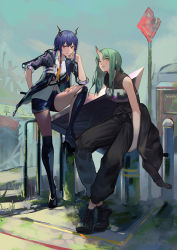 Rule 34 | 2girls, ankle boots, arknights, armor, bare arms, bare shoulders, black footwear, black jacket, black pants, black shirt, blue hair, boots, breastplate, ch&#039;en (arknights), commentary, dragon horns, green hair, hand up, hannya (arknights), highres, horns, hoshiguma (arknights), jacket, krin (krinnin), long hair, looking at viewer, multiple girls, necktie, outdoors, pants, red eyes, shield, shin guards, shirt, shoes, short shorts, short sleeves, shorts, single horn, sitting, sleeveless, sleeveless shirt, thighs, white shirt, yellow eyes, yellow neckwear