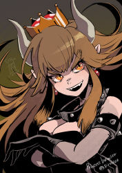 Rule 34 | 1girl, armlet, bare shoulders, black gloves, bowsette, breast hold, breasts, brown background, brown hair, character name, cleavage, collar, commentary request, crown, earrings, eyebrows, gloves, head tilt, horns, jewelry, long hair, mario (series), medium breasts, new super mario bros. u deluxe, nintendo, orange eyes, pointy ears, sharp teeth, shiroton (kazamineko), slit pupils, solo, spiked armlet, spiked collar, spikes, super crown, teeth, twitter username, upper body, v-shaped eyebrows