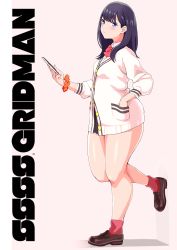 Rule 34 | 10s, 1girl, black hair, blue eyes, cardigan, commentary request, gridman universe, hand in pocket, hip focus, leg up, long hair, looking at viewer, morisoba (silent hill), pink background, red socks, scrunchie, shoes, simple background, socks, solo, ssss.gridman, takarada rikka, thick thighs, thighs, wrist scrunchie