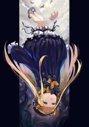 Rule 34 | 1girl, abigail williams (fate), animal, bird, black bow, black dress, black footwear, black hat, blonde hair, bloomers, blue eyes, bow, bug, butterfly, cloud, cloudy sky, commentary request, dress, fate/grand order, fate (series), forehead, hair bow, hat, highres, insect, long hair, long sleeves, looking away, mary janes, orange bow, parted bangs, parted lips, polka dot, polka dot bow, shirabi, shoes, sky, sleeves past wrists, solo, stuffed animal, stuffed toy, tears, teddy bear, underwear, upside-down, very long hair, white bloomers