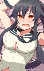 Rule 34 | 10s, 1girl, 9law, bad id, bad pixiv id, black hair, blush, breasts, highres, kantai collection, large breasts, long hair, open mouth, personification, red eyes, school uniform, serafuku, shirt, signature, sketch, solo, tears, tight shirt, twitter username, wavy mouth, yahagi (kancolle)