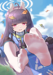 Rule 34 | 1girl, absurdres, binoculars, blue archive, blunt bangs, chan sang, feet, foot focus, foreshortening, hairband, halo, highres, leaf, long hair, looking at viewer, miyu (blue archive), pantyhose, parted lips, red eyes, soles, white pantyhose