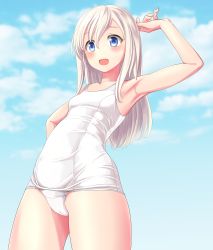 Rule 34 | 1girl, absurdres, alternate skin color, blonde hair, blue eyes, blue sky, breasts, cameltoe, cloud, cowboy shot, day, from below, highres, kantai collection, long hair, old school swimsuit, one-piece swimsuit, outdoors, ro-500 (kancolle), school swimsuit, sky, small breasts, solo, standing, swimsuit, takafumi, white one-piece swimsuit