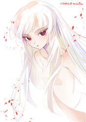 Rule 34 | 1girl, albino, blush, breasts, commentary request, expressionless, highres, ichimi renge, long hair, looking at viewer, nude, one-hour drawing challenge, original, parted lips, petals, red eyes, simple background, sketch, small breasts, solo, upper body, white background, white hair