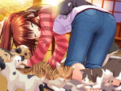 Rule 34 | 1girl, all fours, barefoot, bell, bent over, brown hair, cat, child, game cg, happy, little busters!, na-ga, natsume rin, ponytail, solo, too many, too many cats