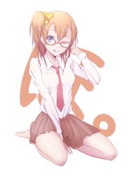 Rule 34 | 10s, 1girl, ;p, bad id, bad pixiv id, bare legs, barefoot, bespectacled, between breasts, between legs, blue eyes, bow, breasts, collared shirt, finger to head, full body, glasses, hair bow, hand between legs, highres, kneeling, kosaka honoka, long sleeves, looking at viewer, love live!, love live! school idol project, necktie, necktie between breasts, one eye closed, one side up, orange hair, pleated skirt, pointing, pointing at self, red-framed eyewear, red necktie, shirt, side ponytail, simple background, sitting, skirt, solo, tongue, tongue out, wariza, white background, white shirt, yellow bow, yurumiya (irassyaimasi)