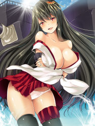 Rule 34 | 1girl, black hair, black thighhighs, breasts, cleavage, commentary request, cowboy shot, detached sleeves, fusou (kancolle), hair ornament, japanese clothes, kantai collection, large breasts, long hair, looking at viewer, machinery, maki (seventh heaven maxion), painttool sai (medium), panties, photoshop (medium), pleated skirt, red eyes, red skirt, skirt, solo, thighhighs, underwear, white panties
