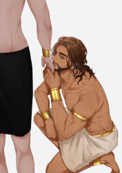 Rule 34 | 2boys, abs, absurdres, anklet, armband, beard, black skirt, commentary request, dark-skinned male, dark skin, earrings, egyptian, egyptian clothes, ennead, eyeliner, facial hair, foreign god, foreign god (ennead), gold, gold anklet, gold armband, gold belt, gold bracelet, gold earrings, gold necklace, gold trim, gold wristbands, golden earrings, hand grab, hand kissing, highres, holding hands, jewelry, kiss, kissing hand, kneeling, long hair, looking at another, looking up, makeup, male focus, medium hair, multiple boys, muscular, muscular male, necklace, parted lips, seth (ennead), shendyt, skirt, standing, tagme, tan, toned, toned male, toned stomach, topless, topless male, usekh collar, white background, white skirt, yaoi