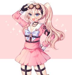 Rule 34 | 1girl, adjusting eyewear, ahoge, alternate hairstyle, antenna hair, arm up, bad id, bad twitter id, barbed wire, black choker, black gloves, blonde hair, blue eyes, blush, bow, breasts, choker, cleavage, collarbone, commentary request, cowboy shot, dalrye v3, danganronpa (series), danganronpa v3: killing harmony, fingerless gloves, gloves, goggles, goggles on head, hair between eyes, hand on own hip, iruma miu, jewelry, large breasts, long hair, long sleeves, looking at viewer, necklace, o-ring, o-ring bottom, open mouth, pin, pink background, pink shirt, pink skirt, pleated skirt, school uniform, serafuku, shirt, side ponytail, skirt, smile, solo, sparkle, thigh strap, twitter username, white background