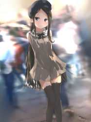 Rule 34 | 1girl, arms behind back, bare shoulders, beret, black bow, black hat, black thighhighs, blurry, blurry background, blush, bow, brown dress, brown hair, closed mouth, depth of field, dress, feet out of frame, forehead, grey eyes, hat, long hair, original, parted bangs, sakazakinchan, sleeveless, sleeveless dress, solo, standing, thighhighs, very long hair
