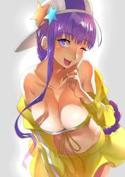 Rule 34 | 1girl, absurdres, bb (fate), bb (fate) (all), bb (swimsuit mooncancer) (fate), bb (swimsuit mooncancer) (first ascension) (fate), bikini, bikini skirt, bikini top only, braid, braided ponytail, breasts, cleavage, fate/grand order, fate (series), grey background, highres, hotate-chan, large breasts, long hair, looking at viewer, one eye closed, open mouth, purple eyes, purple hair, simple background, smile, solo, swimsuit, very long hair, yellow bikini