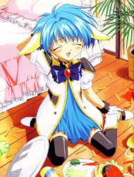 Rule 34 | 00s, 1girl, animal ears, bed, blue hair, blush, dress, fallen down, food, galaxy angel, gloves, green eyes, highres, indoors, mess, messy, mint blancmanche, open mouth, plant, potted plant, puffy sleeves, short dress, short hair, solo, thighhighs, zettai ryouiki