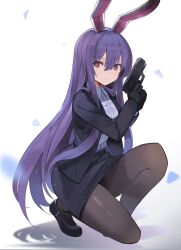 Rule 34 | 1girl, alternate costume, animal ears, black footwear, black gloves, black jacket, black pantyhose, black skirt, closed mouth, collared shirt, commentary, falken (yutozin), full body, gloves, grey shirt, gun, hair between eyes, handgun, highres, holding, holding weapon, jacket, long hair, long sleeves, looking at viewer, miniskirt, on one knee, open clothes, open jacket, pantyhose, pencil skirt, photoshop (medium), purple hair, rabbit ears, red eyes, reisen udongein inaba, revision, serious, shirt, shoes, simple background, skirt, solo, touhou, very long hair, weapon, white background