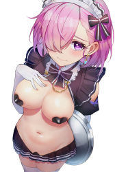 Rule 34 | 1girl, alternate costume, areola slip, arm behind back, bare shoulders, black bow, black bowtie, black skirt, blush, bow, bowtie, breasts, chain, cleavage, closed mouth, clothing cutout, covered erect nipples, earrings, elbow gloves, fate (series), from above, gloves, gold chain, groin, hair bow, hair over one eye, hand on own chest, heart pasties, highres, holding, holding tray, jewelry, large breasts, looking at viewer, looking up, luobo (nsnr8754), maid headdress, mash kyrielight, meme attire, miniskirt, navel, pasties, pleated skirt, puffy short sleeves, puffy sleeves, purple eyes, purple hair, reverse bunnysuit, reverse outfit, short hair, short sleeves, shoulder cutout, shrug (clothing), skirt, smile, solo, stomach, thighhighs, tray, white gloves, white thighhighs, zettai ryouiki