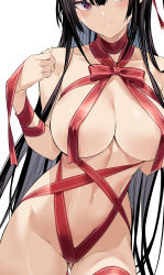 Rule 34 | 1girl, backpack, bag, black hair, blush, breasts, closed mouth, collarbone, covered erect nipples, gluteal fold, groin, haitekudasai takamine-san, head out of frame, hiiragi yuuichi, large breasts, long hair, naked ribbon, navel, original, purple eyes, red ribbon, ribbon, simple background, solo, stomach, straight hair, takamine takane, very long hair, white background